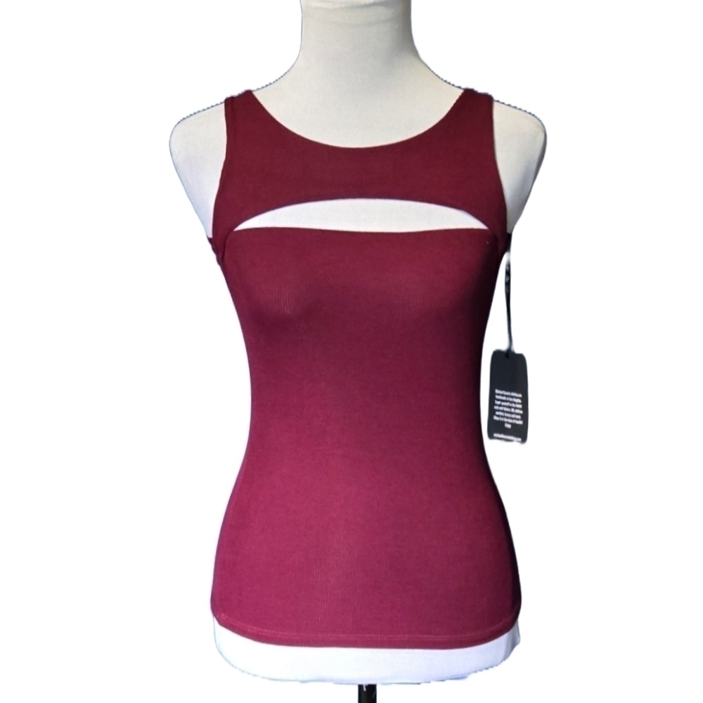 Michael Lauren Ribbed Cutout Tank Top Burgundy Fitted Crop Punk Biker XS NWT - Picture 2 of 9